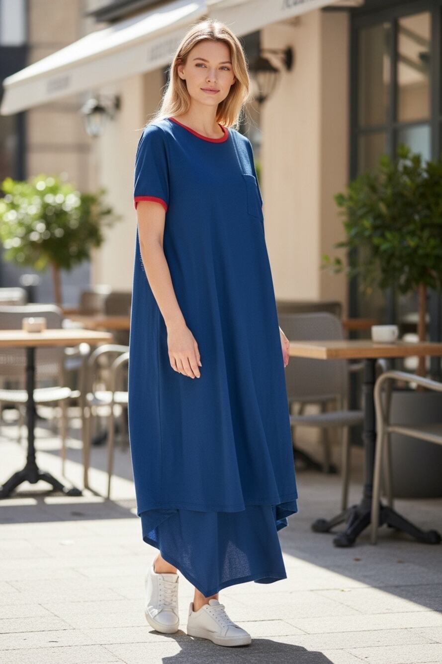 LuLaRoe Womens Blue Carly Dress Pink Trim Short Sleeve Swing Dress Medium